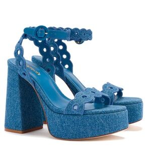 Larroudé Dolly Broderie Sandal In Blue Stoned Denim.